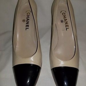 Chanel beige leather with black patent leather tip